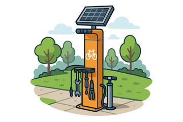 Bike repair station with tools and pump in a city park. Public bicycle service point with solar panel. Urban cycling infrastructure for maintenance. Eco-friendly green energy concept.