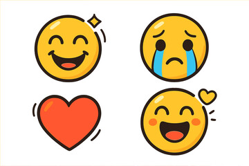 Obraz premium Cute cartoon emoji set with various emotions. Vector emoticon collection with happy smile, sad crying face, love heart symbol, and joyful expression. Flat character icons.