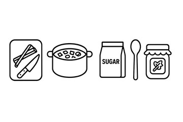 Rhubarb Jam Preparation Icons, Outline Vector Set with Chopping Board, Knife, Cooking Pot, Sugar Bag, Wooden Spoon, Mason Jar, Homemade Preserves and Cooking Tools Illustration