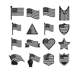 Set of American flag icons. Silhouette design