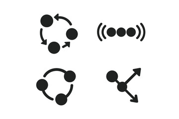 Molecular motion icons set of 4, solid filled vector illustrations representing kinetic energy, molecular vibration, rotational motion arrows, dynamic atom movement concepts on transparent background
