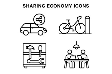 Sharing Economy Icons Set, Outline Vector Illustration of Car Sharing Vehicle, Bike Share Station, Tool Library Shelf, Coworking Space Symbols, Transparent Background