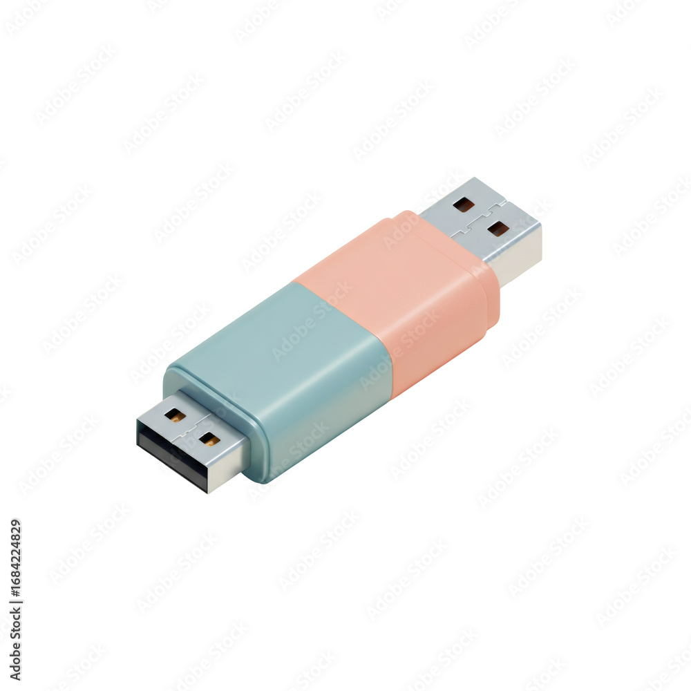 Poster isolated two tone blue and pink usb memory stick flash drive digital data storage media on transpare