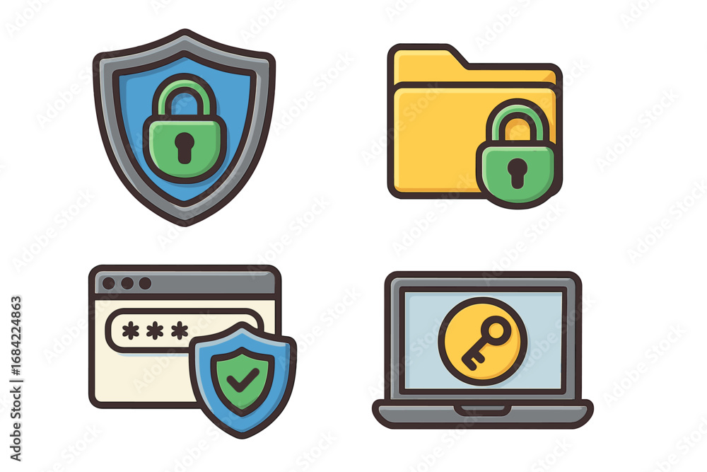 Poster cybersecurity icon set for digital protection. vector cartoon illustration of security concepts like