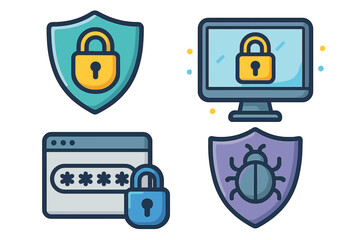 Set of security icons for digital protection concepts. Vector cartoon illustration of cybersecurity, data safety, password lock, computer antivirus, and malware bug defense.