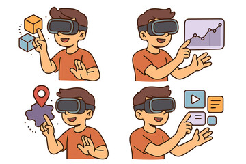 Man in VR headset explores augmented reality. Vector cartoon set. Character interacts with virtual interface, data analytics chart, map navigation, and media player. Metaverse.