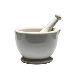 Isolated White Ceramic Mortar and Pestle on Transparent Background Kitchen Utensil for Grinding Herbs and Spices in Studio Shot