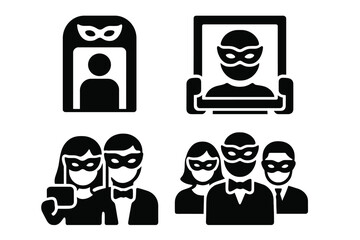 Masquerade party solid icon set. Vector glyphs of photo booth, frame prop, couple taking selfie, and group portrait. Carnival celebration moments and photo memories concept.