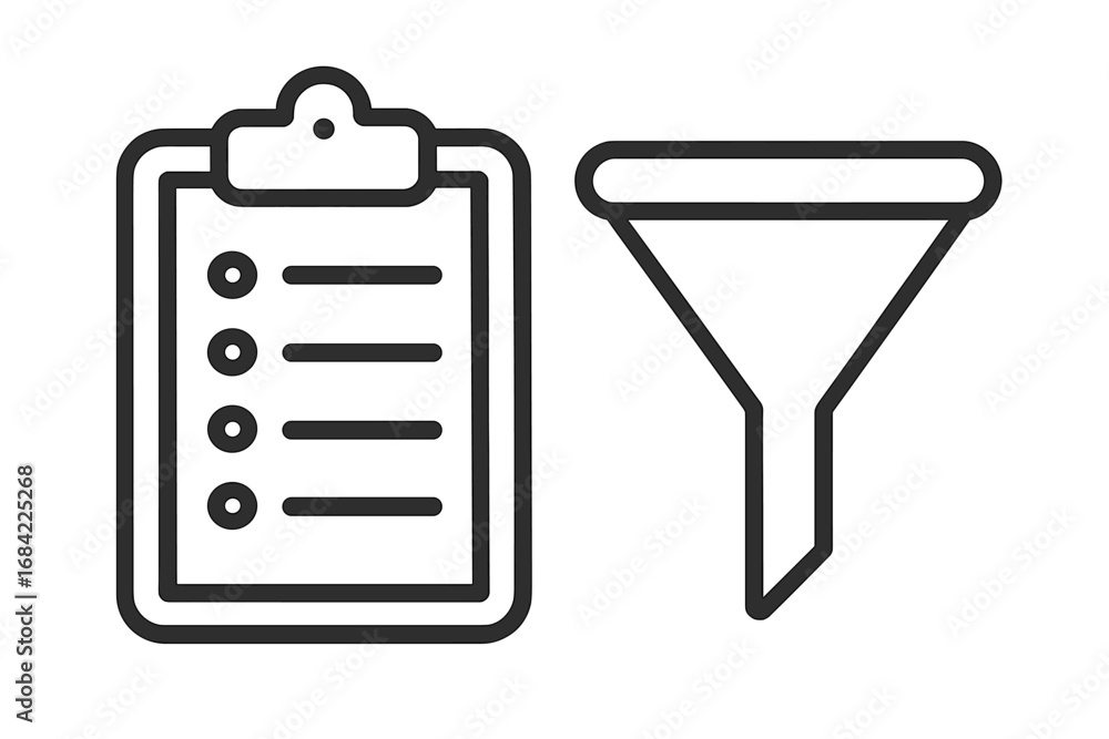 Aufkleber clipboard and funnel icon for data filtering and sorting information. lead generation concept. sales
