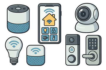 Smart Home Devices Illustration, Modern Connected Technology with Security Cameras, Smart Lock, WiFi Bulb, Voice Assistant, and Mobile Control App, Cartoon Vector Set on Transparent Background