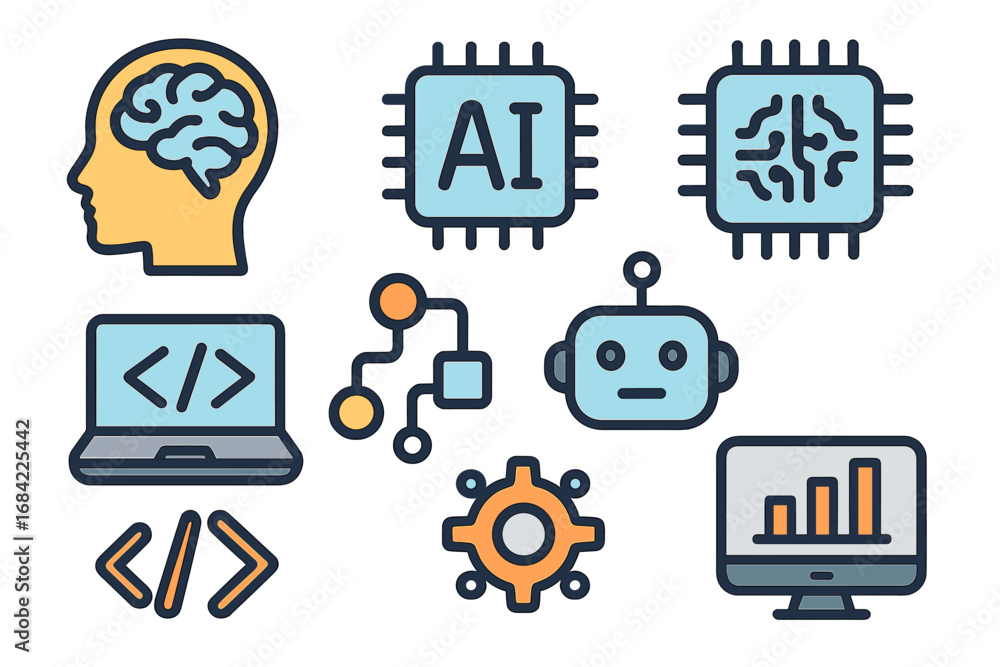 Poster ai icon set for technology concepts. symbols for artificial intelligence, machine learning, programm