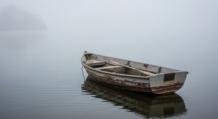 Old wooden rowboat floating on calm misty lake with serene reflection.