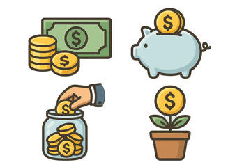 Set of financial literacy icons for money management and investment growth. Vector illustrations of savings, piggy bank, cash, and profit concepts for business and finance.