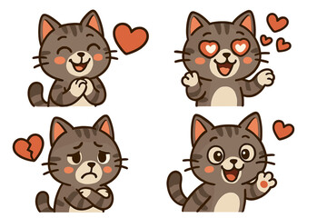 Cute cartoon cat character set expressing emotions. Vector illustration of a kitten mascot feeling happy, sad, in love, and heartbroken. Emoticon sticker pack collection.