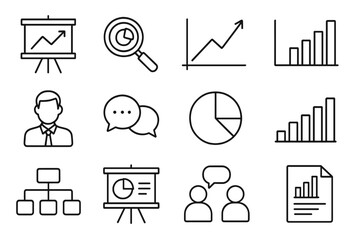 Business analysis and data analytics icon set. Thin line style icons. Chart, graph, presentation, report, diagram, communication symbols for web and mobile app design.