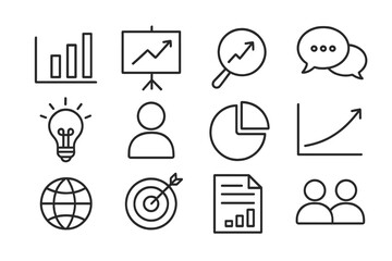 Business analysis linear icon set. Data analytics, marketing strategy, financial growth chart. Thin line vector symbols for management, communication, idea and teamwork.