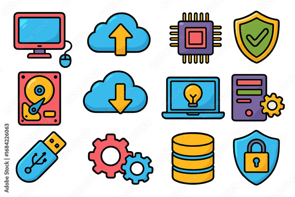 Aufkleber technology icon set. colorful cartoon vector illustrations for computing and data storage concepts. 