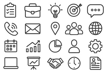 Business and communication line icon set. Essential office symbols. Vector collection for corporate identity, web design, presentation, marketing, management, and strategy.
