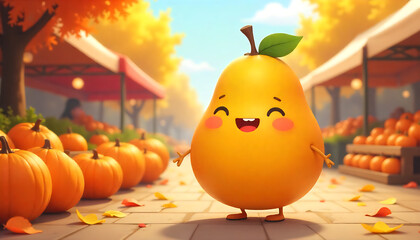 Cute Animated Pear Character Standing in Pumpkin Patch During Autumn