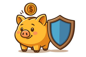 Cute Piggy Bank with Gold Coin and Protective Shield, Financial Security Concept, Cartoon Vector Illustration for Interface, Advertisement, Money Saving, Banking, Insurance