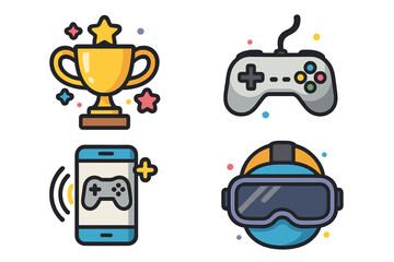 Fototapeta premium Gaming icon set with trophy, controller, mobile game, and VR headset. Video game elements collection. Esports competition, award, winner, and achievement concept vector design.