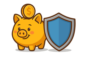 Cute Yellow Piggy Bank with Coin and Protective Shield Vector Cartoon Illustration for Financial Security, Savings, Investment, and Insurance Concepts with Transparent Background
