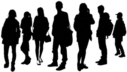 Silhouettes of people in a row.  Sparse colored dots