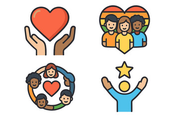 Community and diversity icon set with concepts of love, inclusivity, teamwork, and achievement. Vector illustration of diverse people, hands with heart, and success star.