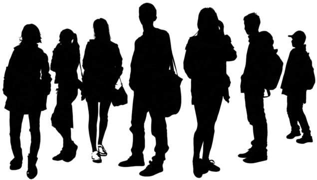 Silhouettes of people in a row. Sparse colored dots