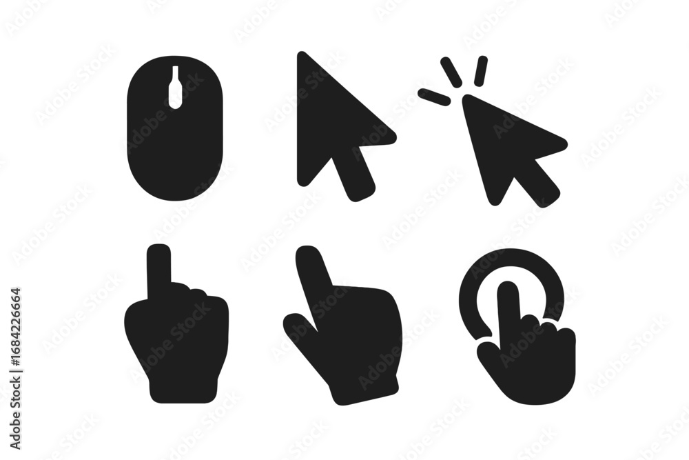 Fototapete cursor and click icon set. mouse pointer, hand finger press, and arrow symbols. web navigation butto