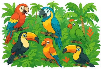 Group of cute cartoon parrots, toucans and macaws in a tropical jungle. Colorful exotic birds collection in a rainforest. Cheerful wildlife characters. Vector illustration.