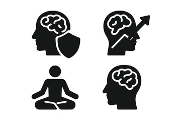 Mental strength icon set. Psychology, resilience, growth, mindfulness. Brain protected by shield, progress arrow, meditation. Emotional health, therapy, mindset vector symbol.