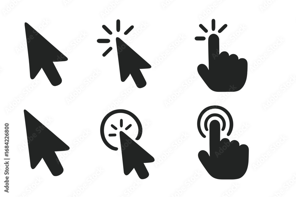 Fototapete cursor pointer and hand icon set. click, tap, and press symbols for computer mouse or touch screen. 