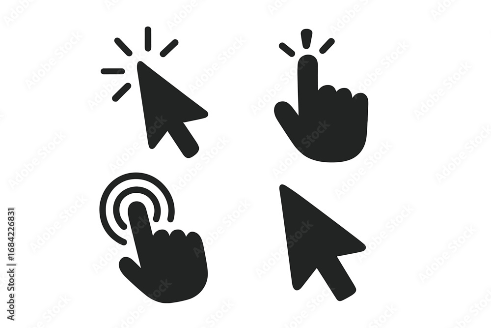 Fototapete cursor pointer icon set. hand and arrow click, tap symbols. ui ux vector graphic elements. web butto