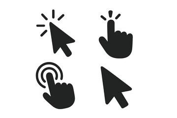 Cursor pointer icon set. Hand and arrow click, tap symbols. UI UX vector graphic elements. Web button, press, select concept. Digital interface design. Silhouette collection.
