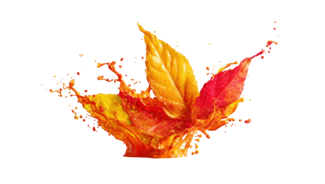 Autumn leaf exploding in vibrant liquid splash