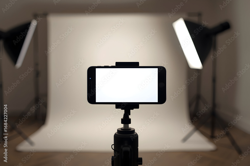 Poster phone with blank screen on a tripod ready for a live broadcast or video recording session