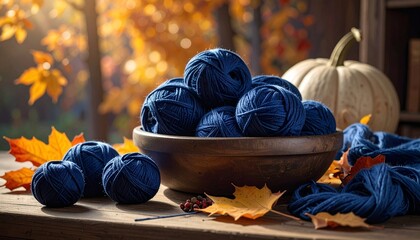Indigo Yarn in Focus – Cozy Autumn Craft Scene