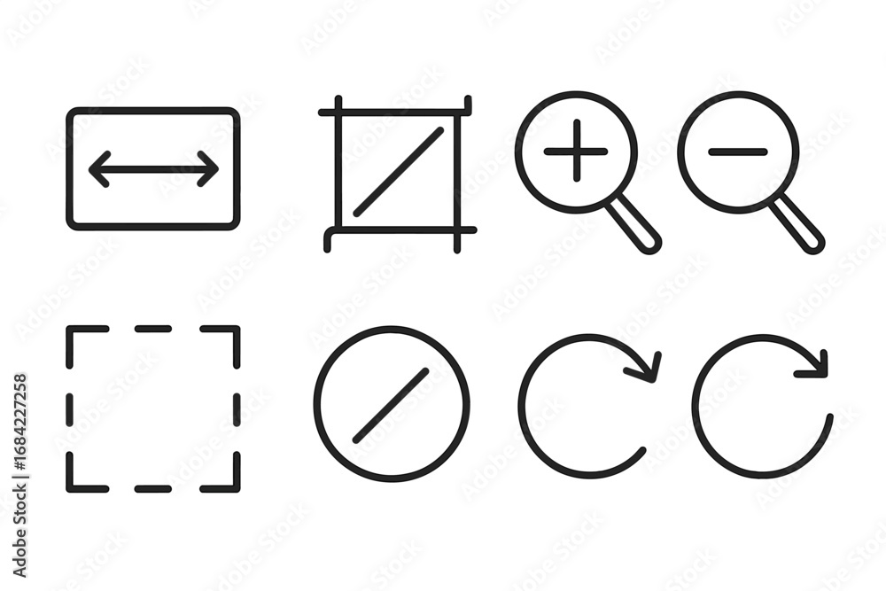 Aufkleber editing tools line icon set for ui ux design. vector symbols for resize, crop, zoom, rotate, undo, r