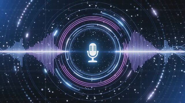 Glowing digital microphone icon surrounded by circular interface and sound waveforms on abstract dark background. Audio technology, voice recognition, and podcast recording concept. Design for banner,