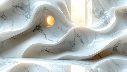 Luxury 3D Wavy Marble Porcelain Wall Panel, Seamless White Stone Surface with Glossy Finish, Modern Architectural Interior Design