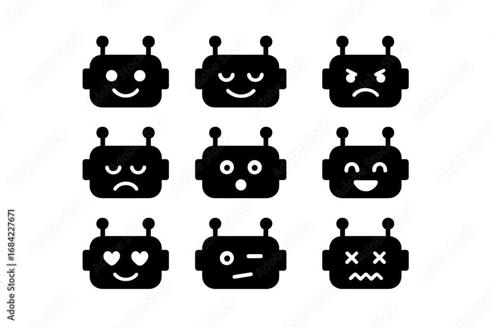 Aufkleber robot emoji solid icon set. android head character with mood expressions. ai chatbot face collection