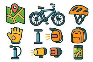 Cycling vector icon set for urban commuting. Bicycle safety gear and accessories. Includes helmet, map, GPS, lights, pump, gloves, and backpack. Flat cartoon illustration.