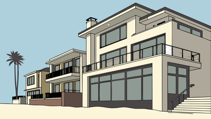Modern Architecture Coastal House Design Beachfront Property Contemporary Home Illustration.