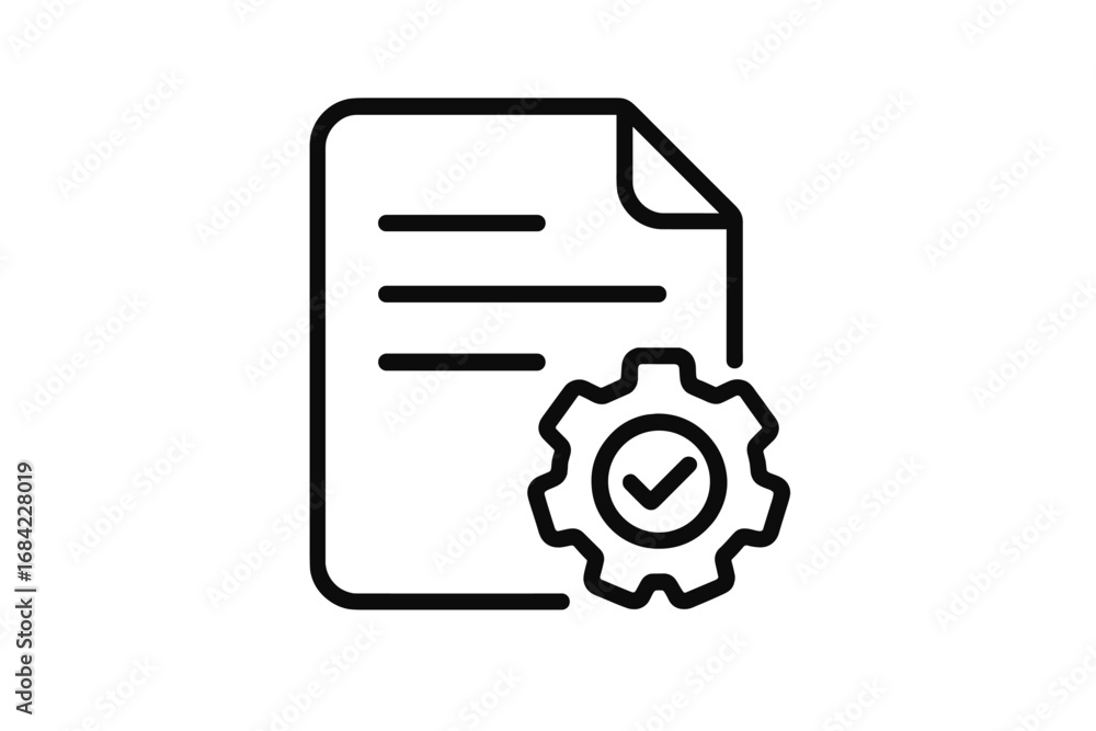 Aufkleber document processing icon with gear and check mark. concept of automation, project implementation, ap