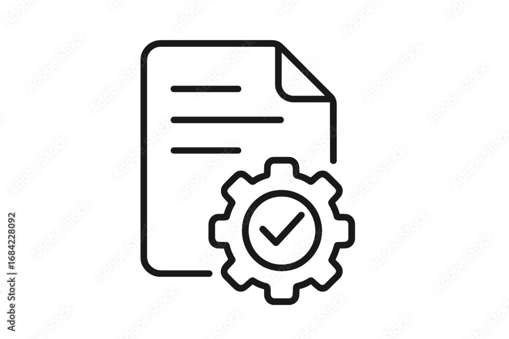 Aufkleber project implementation icon. document processing, workflow automation, and regulation compliance con