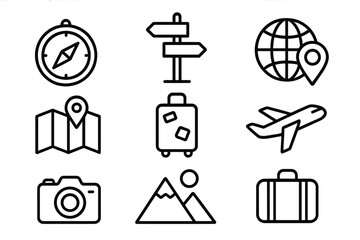 Travel and journey related line icon set with compass, map, suitcase, globe, airplane, camera, mountain and direction signs for graphic design, web apps, adverts, and cards vector illustration