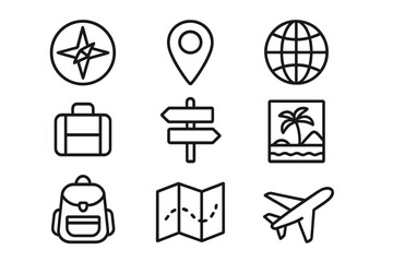 Travel and Journey Related Line Icon Set, Compass, Location, Globe, Suitcase, Signpost, Vacation, Backpack, Map, Airplane, Outline Vector Icons for Graphic Design, Web, Apps, Advertisements