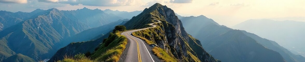 A winding road ascending a mountain, symbolizing the journey of career progression and the challenges overcome along the way to success , destination, perseverance, uphill climb