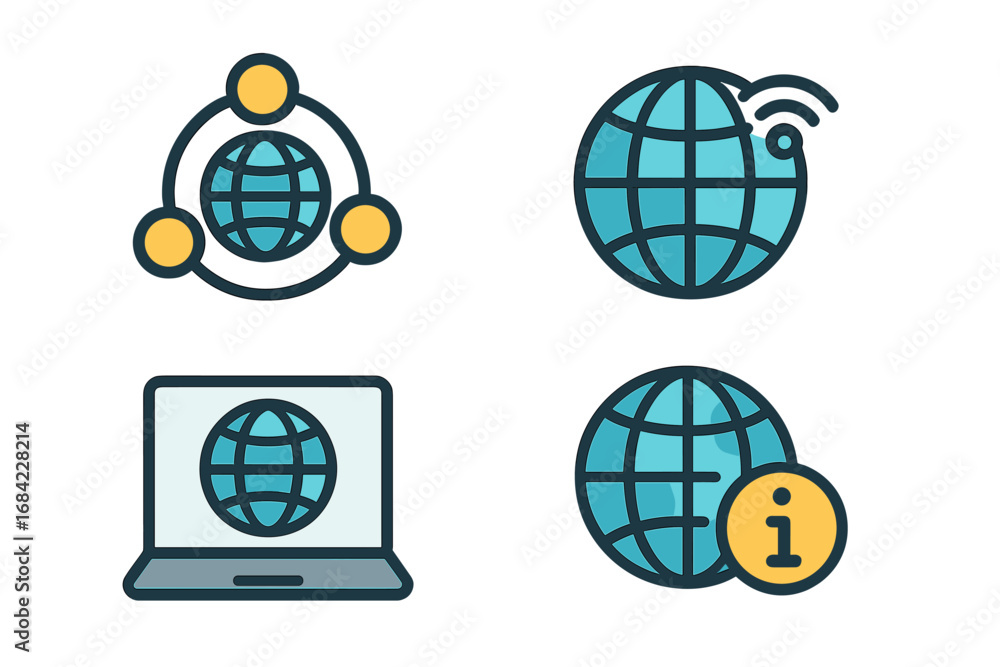 Poster internet and global communication icon set. flat design line art. concepts of globe, network, wifi, 